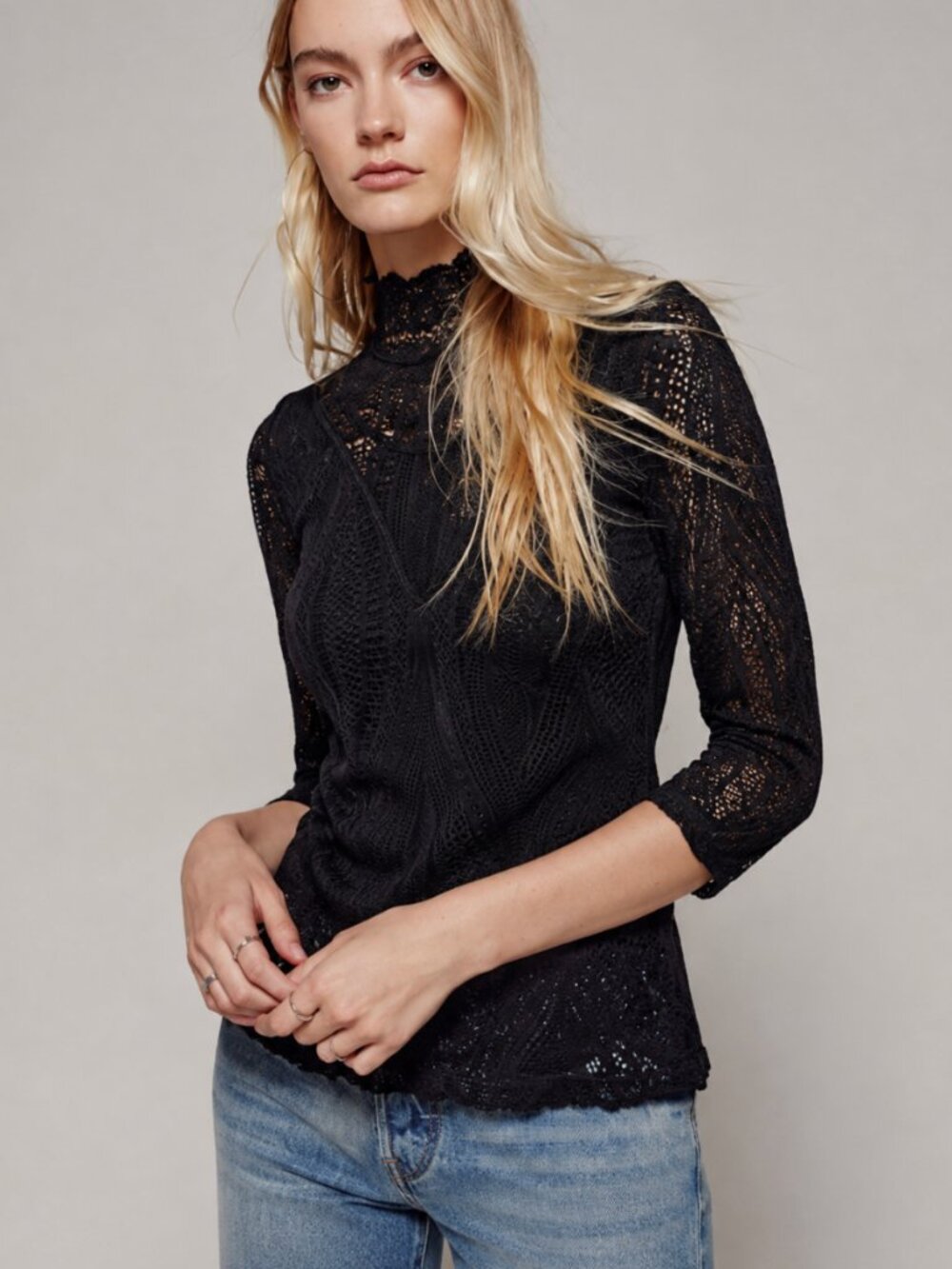 FREE PEOPLE BLACK LACE 3/4 SLEEVE TOP
